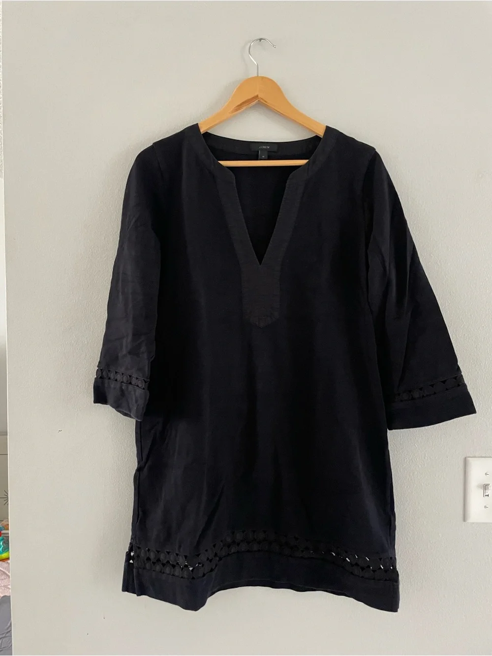 J. Crew Black V-Neck Tunic with Eyelet Trim